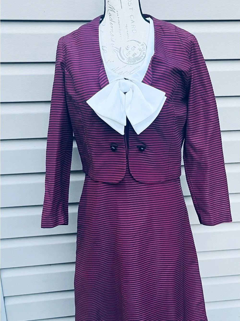Vintage Two-Piece Purple Striped Suit with White Bow